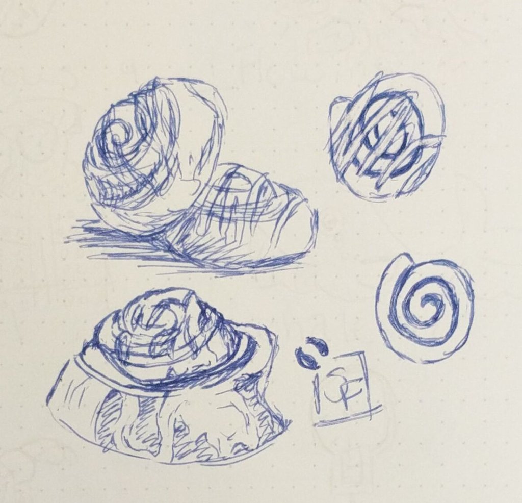 echoKraken's tweet photo. Februblahs Art Challenge day twenty (day six of Pastry week)! Cinnamon Rolls!

Team Member @sonnefaunart

#februblahs #Pastryweek #pastry #Cinnamon #cinnamonrolls #yum #echokrakenstudios #pen #sketch #rocketbook #rocketbookwave https://t.co/oaqfi0b0nH