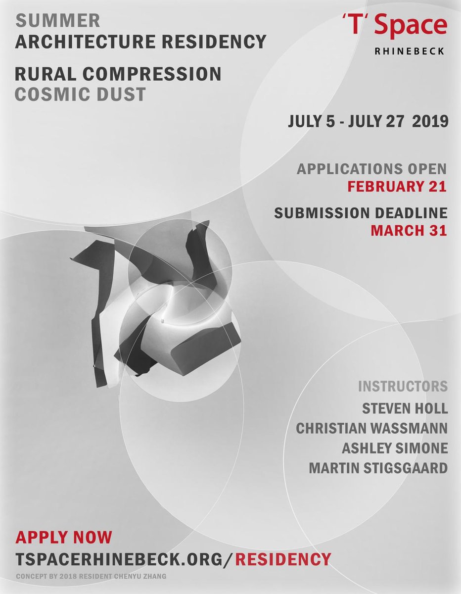 Applications open tomorrow for 'T' Space's 2019 Summer Architecture Residency, Rural Compression: Cosmic Dust! Apply now for a 22-day intensive #architecture studio program on the T2 Reserve. 

Visit TSpaceRhinebeck.org/RESIDENCY for more information and applications.

#residency