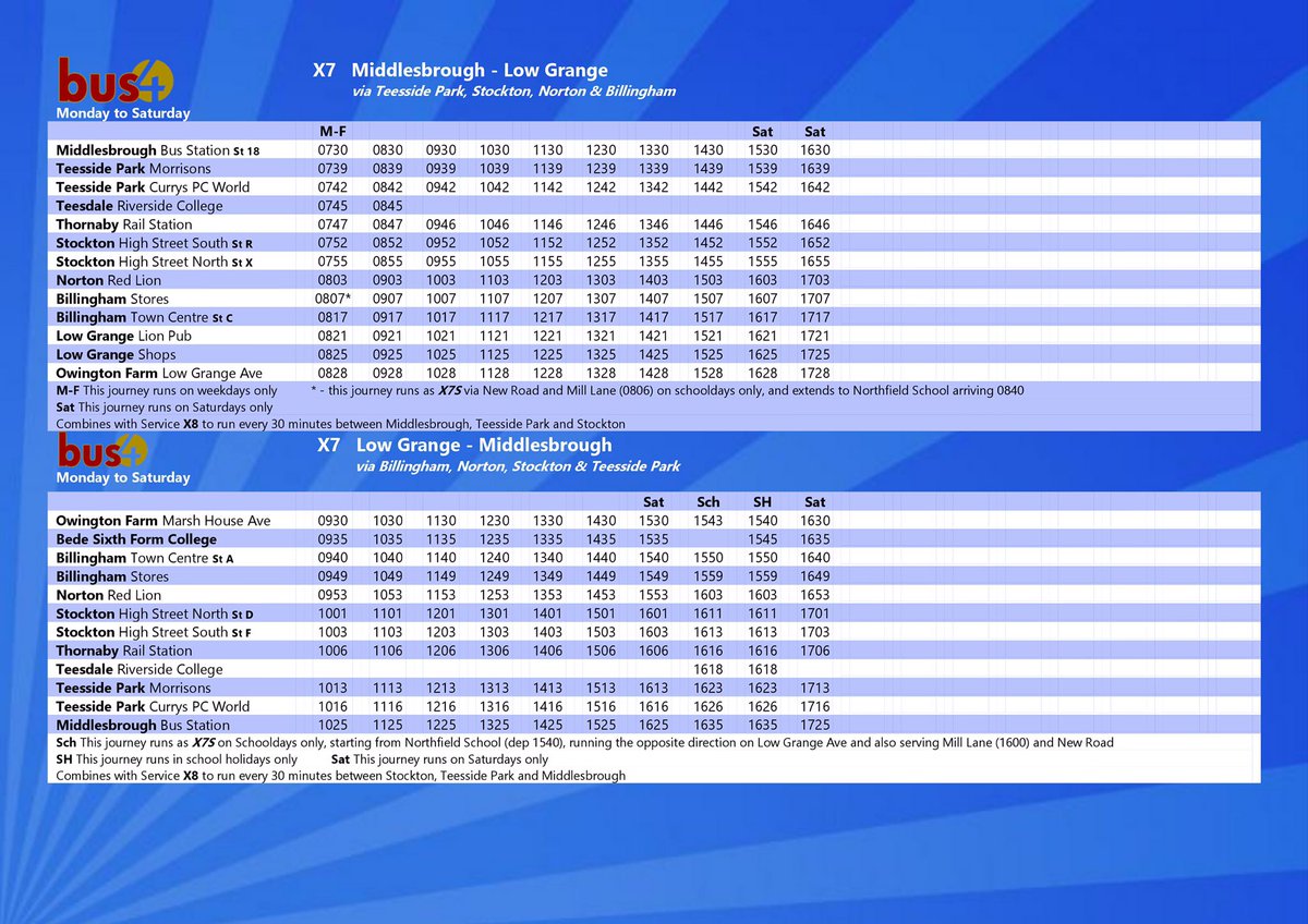 We’ve been notified of a mistake on the X7 timetable that has been published on the website for the last week or two... here’s the corrected one! The ones in the booklets available on our buses are correct. The 1530 &amp; 1630 from Middlesbrough do run ONLY on Saturdays. Apologies