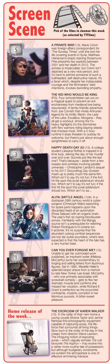 TTFilmz's tweet photo. TTFilmz for @Observerseries and @HantsIndie - Pick of the films playing in cinemas plus home/disc selection of the week.
@AlitaMovie @cyefm @KidWouldBeKing @aprivatewar @UniversalHorror @KWExorcism https://t.co/hqJciEErU9
