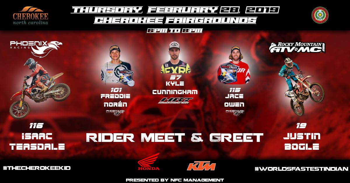 VisitCherokeeNC's tweet photo. Meet the Cherokee riders at their first meet &amp; greet on Thursday, 2/28 from 6-8 pm at the Cherokee Fairgrounds (545 Tsali Blvd., Cherokee, NC 28719). Get an autograph &amp; pic with your favorite rider, and a chance to WIN swag and SX tickets! #CherokeeKid #WorldsFastestIndian https://t.co/SksHTDHXMa