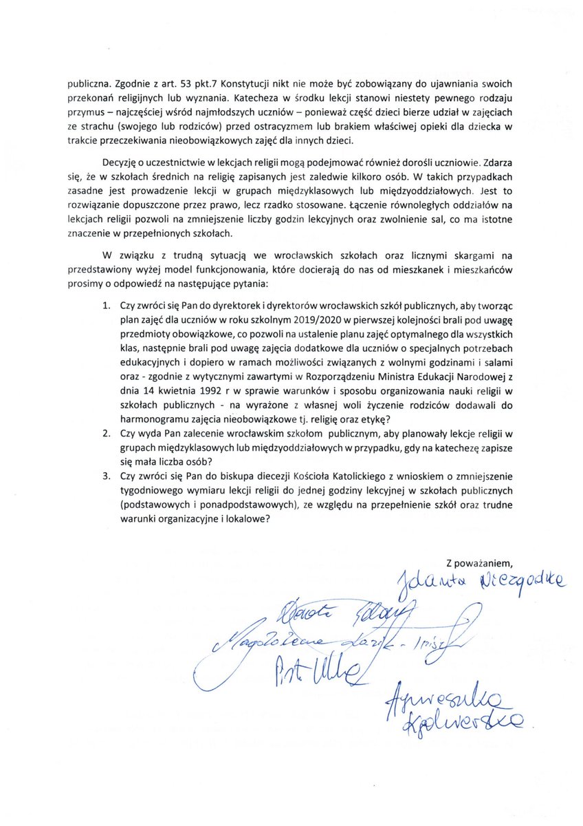 Po reformie edukacji wiele szkół boryka się z problemami lokalowymi. Zwróciliśmy się do Prezydenta Wrocławia w sprawie lekcji religii w szkołach, które -jako zajęcia nieobowiązkowe- przy układaniu planu zajęć powinny być brane pod uwagę na pierwszej lub ostatniej lekcji.