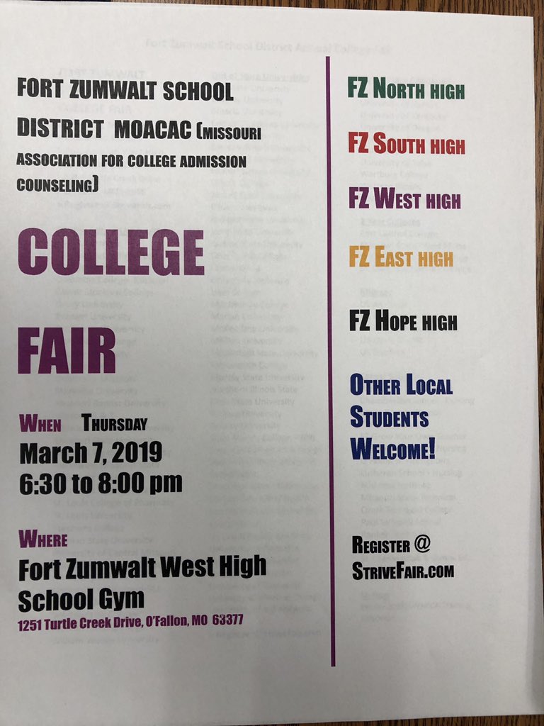 becsieve's tweet photo. Are you planning on going to college after high school? If so, this event is for you! It’s the annual Fort Zumwalt School District College Fair on 3/7 at FZW. Register at https://t.co/JBAFSupc2Y! https://t.co/x2McowT831