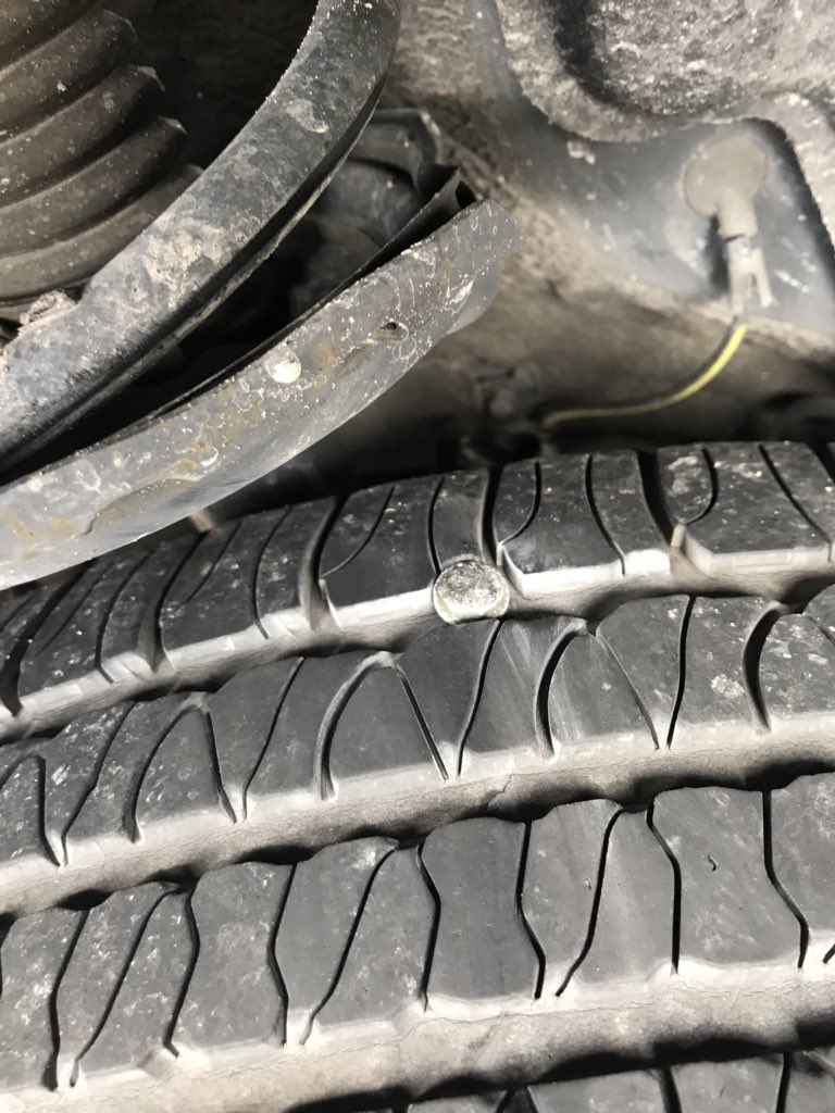 kkuizon's tweet photo. When your day takes a turn but some great people step up to help you ASAP. Thank you Laurel Tires for the patch!! #BigNail #FlatTire https://t.co/EF0h5L7qZT
