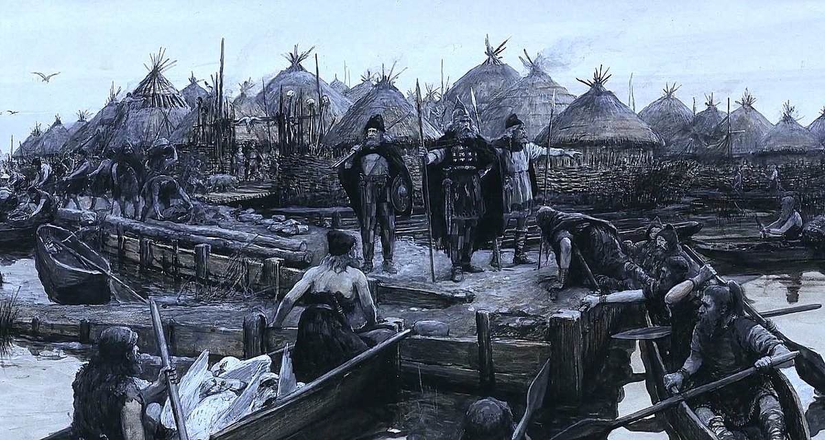 2011 or 1911? Glastonbury Lake Village by A. Forestier (1911). 
Waterlogged peat ensured the incredible preservation of Iron Age wooden structures. Amédée Forestier was an Anglo-French artist and #illustrator who specialised #prehistoric scenes, and landscapes. #TimelessArt