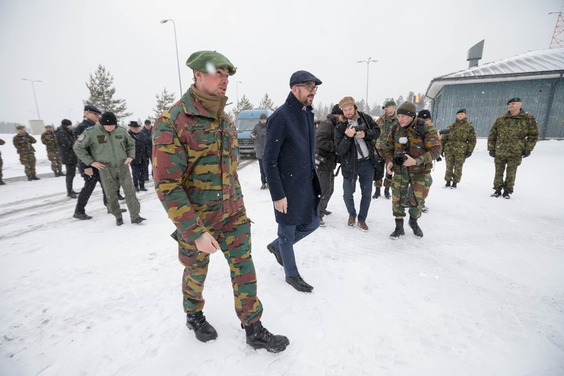 MoD_Estonia's tweet photo. Happy to have #Allies like #Belgium and host the #Belgian Prime Minister @CharlesMichel in #Estonia to meet the soldiers of Chasseurs ardennais serving with the @NATO #eFP BG in Tapa. #WeAreAllies #BGEST @BelgiumDefence @Belgian_Army @BelgiumNATO https://t.co/TK4Ikgoi0P