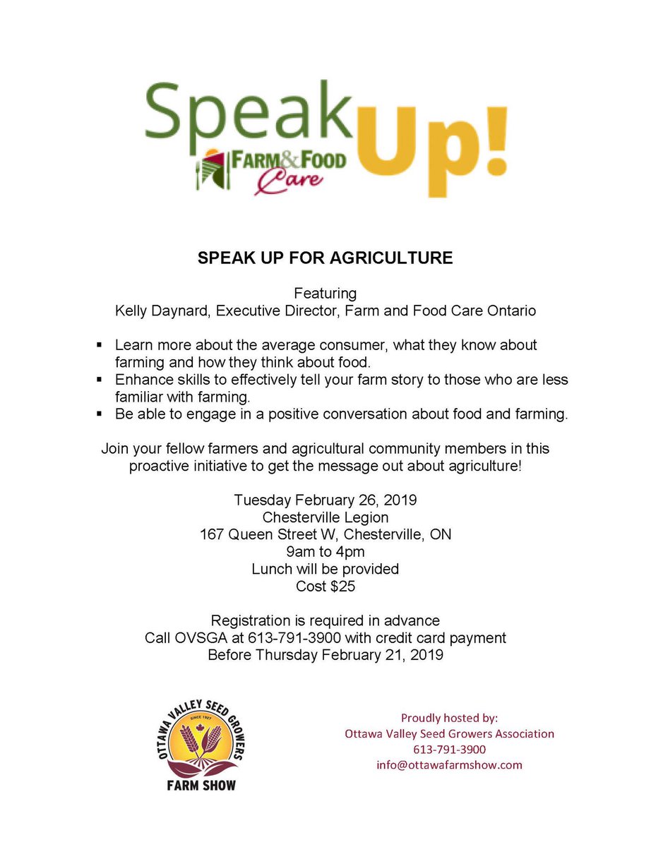 OttawaFarmShow's tweet photo. Join us and "SpeakUp for Agriculture" Feb 26 in Chesterville #agintheeast Proud to be in this business of ag! @OttawaFarmShow @FarmFoodCareON https://t.co/rJvIjGMOrg