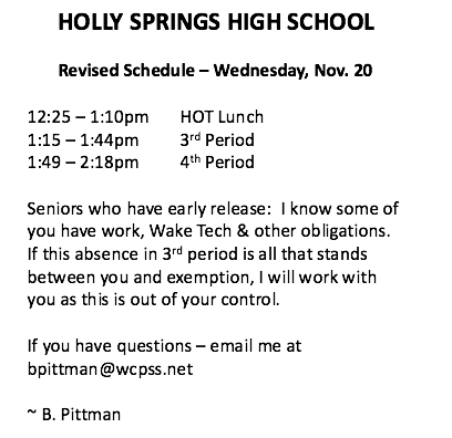 Hawks, we are almost there.  Hang in a few more minutes. Due to ACT testing running long, here is our revised schedule for this afternoon.

<a href="/hshs_2019/">ALUMNI</a> - see the note at the bottom for you.

<a href="/hshawks2020/">JUNIORS</a> @hshsclassof2021 <a href="/2022Hshs/">HSHS Class of 2022</a>