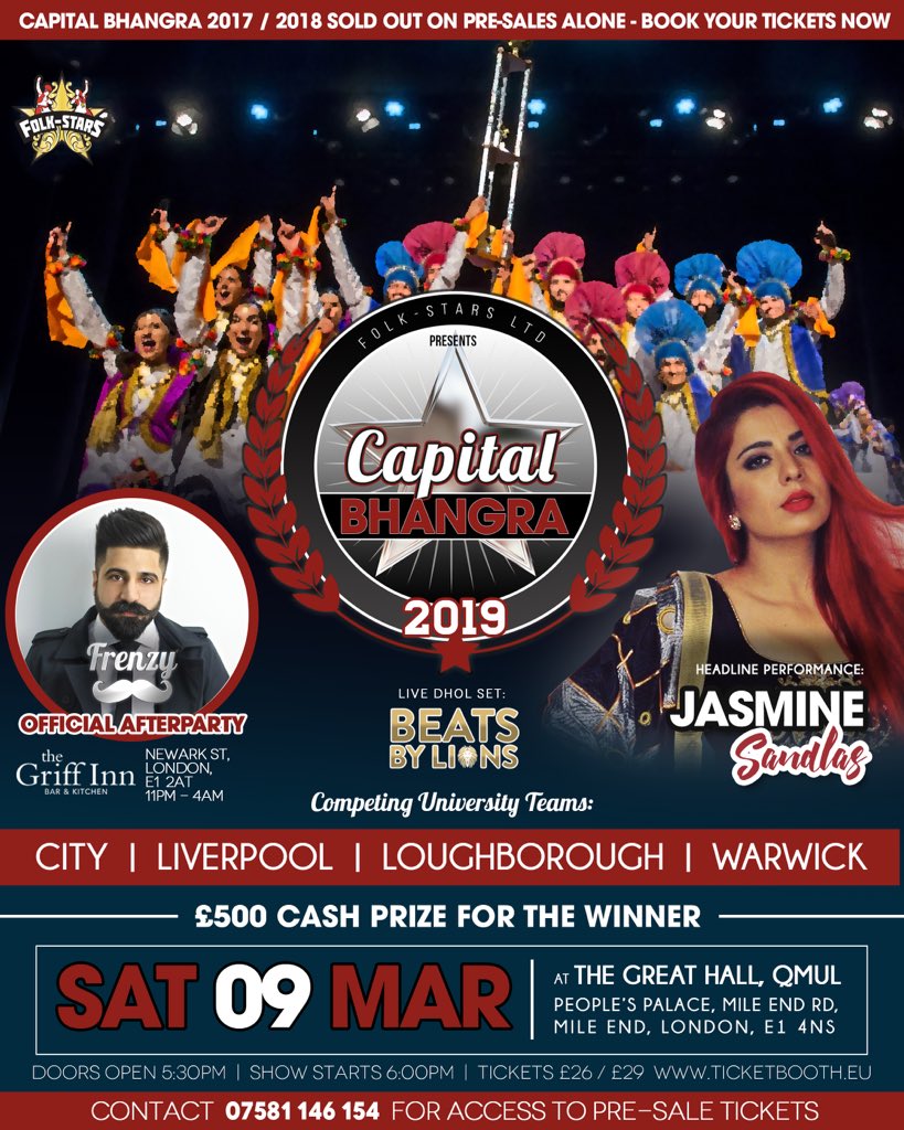 ⭐️ ANNOUNCEMENT ⭐️
Introducing our headline performer at #CapitalBhangra2019: 

@jasminesandlas !!

Competing teams:
CITY | LIVERPOOL | LOUGHBOROUGH | WARWICK

Special guest performance by @desifrenzy at the Official Afterparty!

Tickets on public sale from Monday 25th February