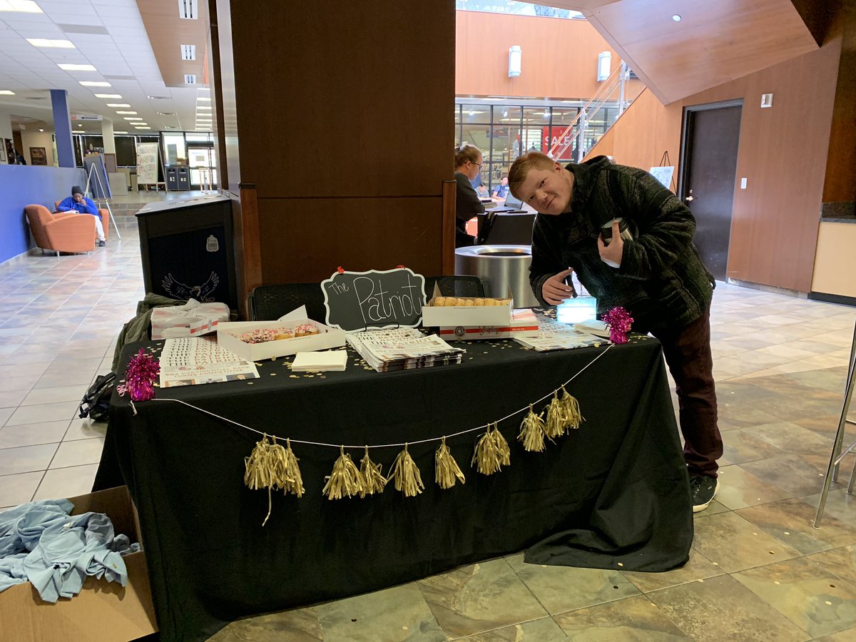thepatriottalon's tweet photo. We’re in the UC NOW! Come get a donut and new edition before they’re gone!!! https://t.co/FbTY5t1WLX
