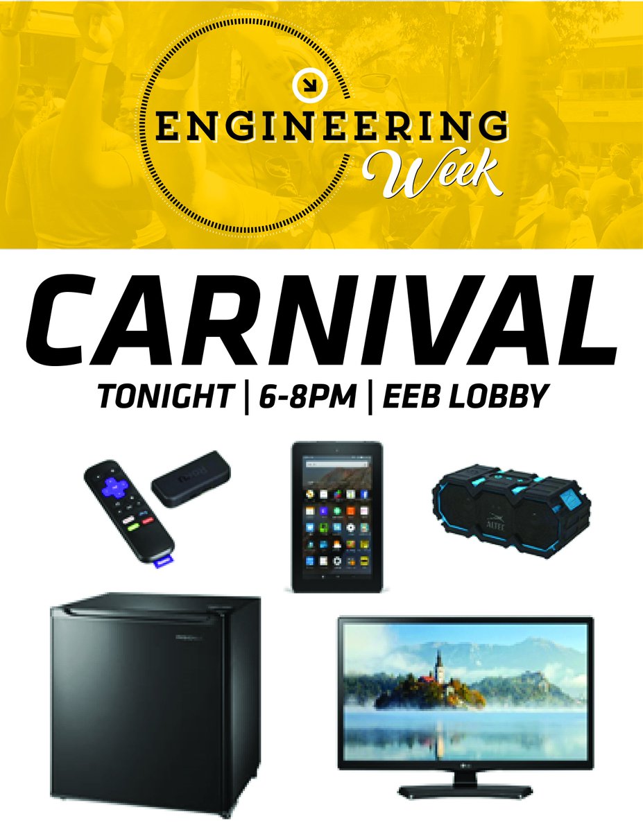 WSUEngineering's tweet photo. E-Week Carnival is TONIGHT! Students: You could win one of these prizes by playing carnival games and winning tickets to enter into our prize drawing! And you get a free beverage tumbler just for attending! Prizes will be drawn at 7:30pm, and you must be present to win. https://t.co/DMsReMrZuJ