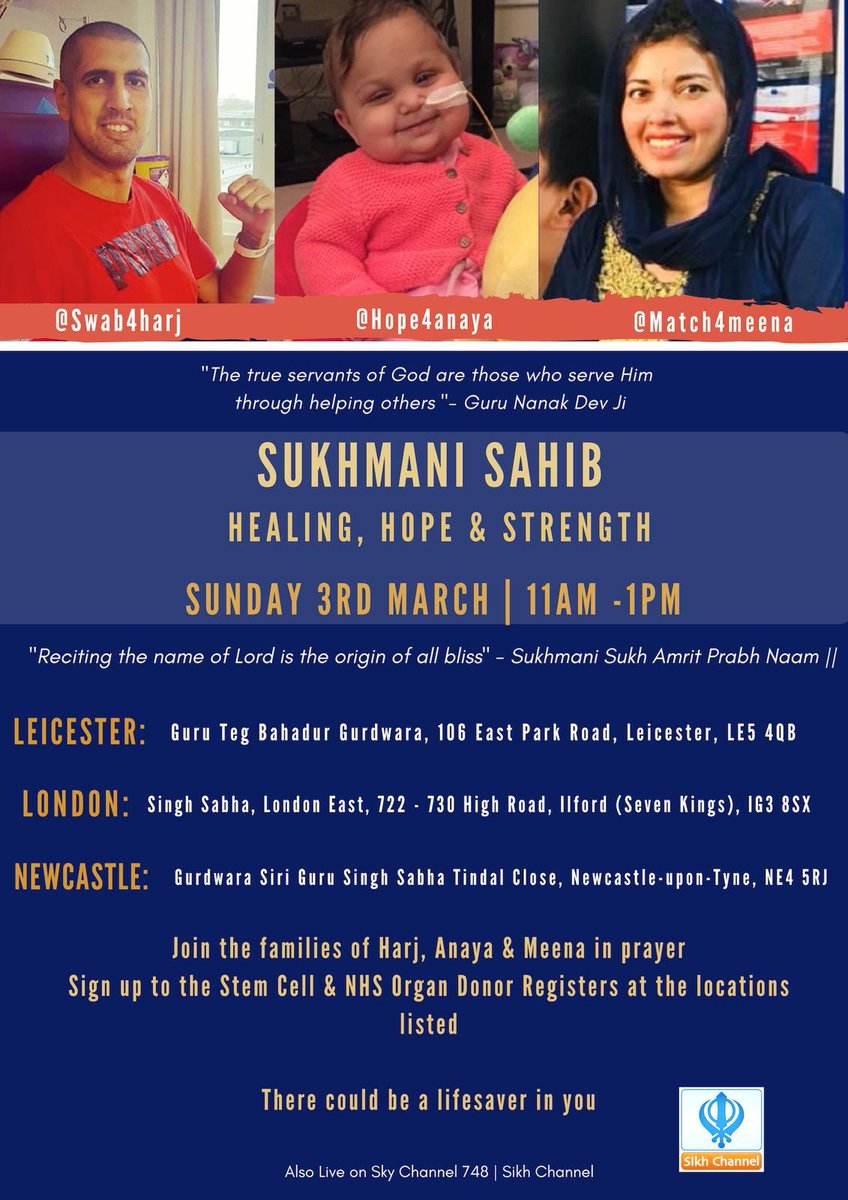 Hope4Anaya's tweet photo. Please join prayers for @Hope4Anaya Anaya, @Match4meena and @Swab4H - and for all those who need. Also a chance to register as organ and stem cell donors. @unitedsikhs @IlfordRecorder @MidlandLangar @citysikhs @LeicesterSikhs @GurdwaraNewcast https://t.co/BdYIAOvWHL