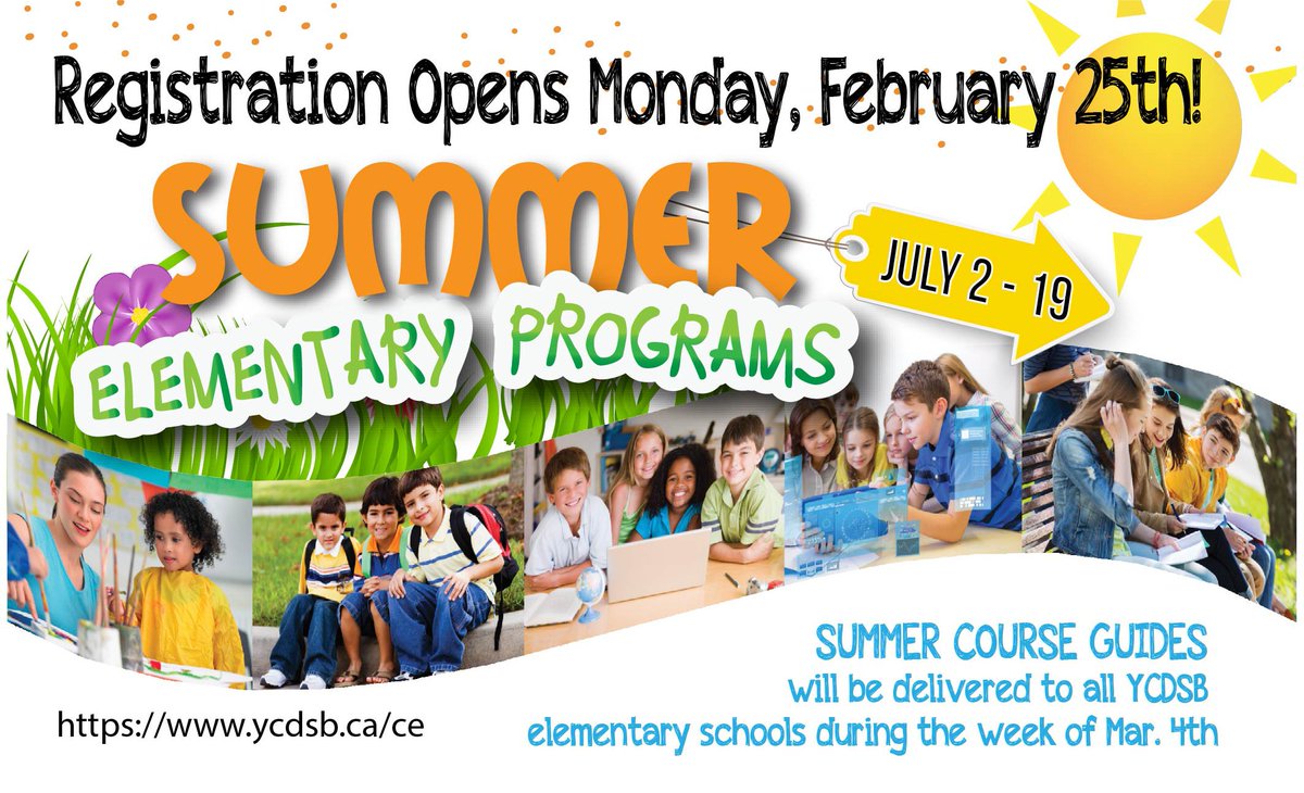 Summer Course Guide will be delivered to All YCDSB Elementary schools during the week of March 4th.  Online Registration opens Monday February 25th. Visit us at ce.ycdsb.ca to view the entire Summer Guide or for more information on all our programs available.