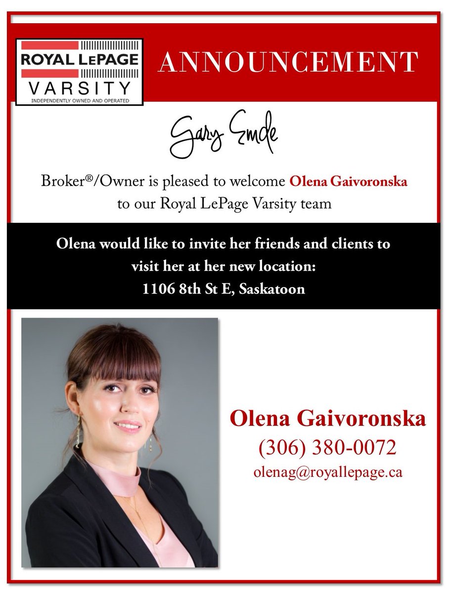 RLPVarsity's tweet photo. Welcome to the Royal LePage Varsity team Olena Gaivoronska!
#yxe #RLPV #realestate #career #agent https://t.co/4ZutNPYA5T