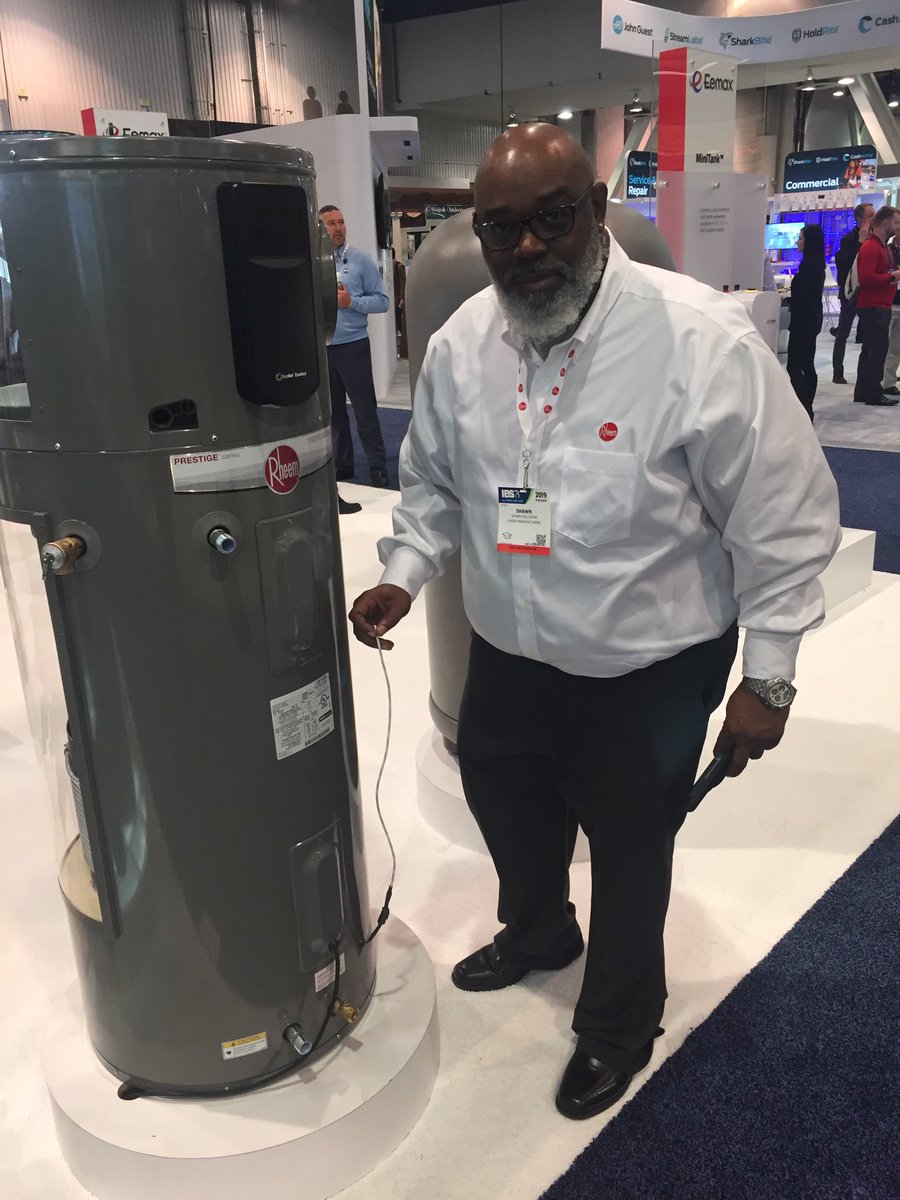 mgbeirne's tweet image. Shawn at the Rheem booth showing off the leak detector on the Prestige series hybrid water heater with dehumidifier. The smart device sends leak alerts to your smart phone and enables user to control temp.#ibs2019 #kbis2019 #pbsv