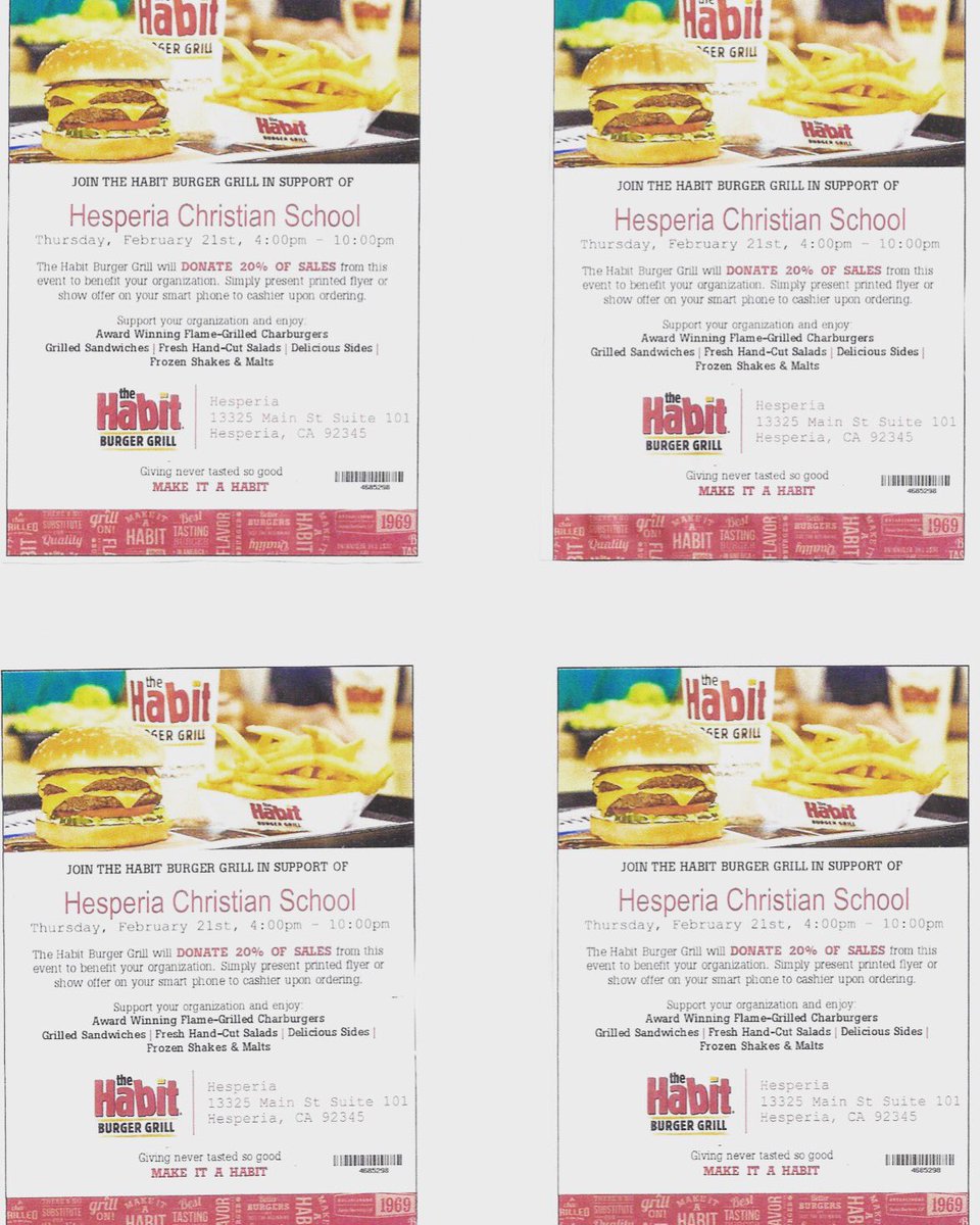 Our next family night out is tomorrow!!Thursday, February 21st from 4 pm-10 pm at The Habit. Please take one of these flyers with you when you go. See you there!