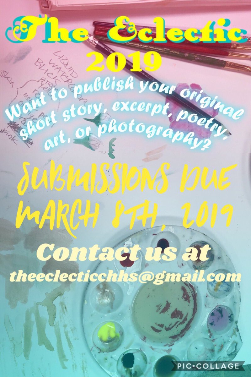 Just a reminder that the deadline for Eclectic submissions are coming up soon! You have until March 8th to submit. Please email theecelecticchhs@gmail.com for submission info. Can’t wait to see all of the work!