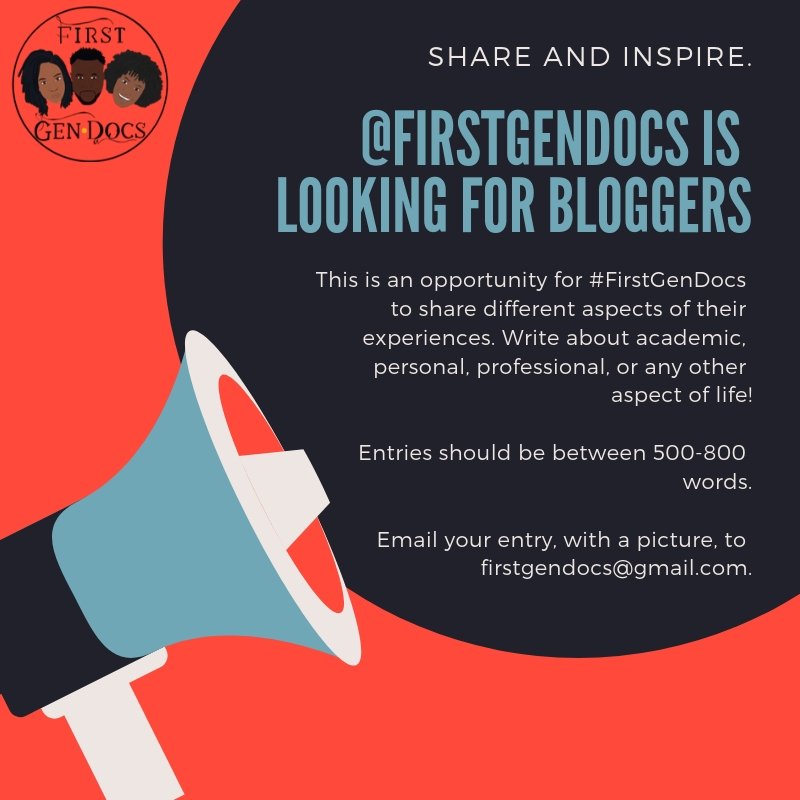 firstgendocs's tweet image. We know you all have plenty to write already, however if you are looking for an opportunity to share more about your #FirstGenDocs story we would love for you to write a blog for our website! Blogs can be recurring or a one-time event! #sisterphd #trynagrad #teamtypingfast