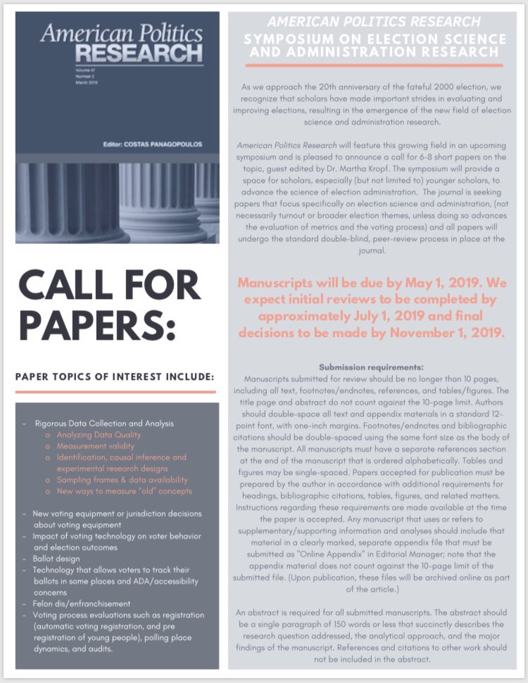 Call for Papers on Election Science and Administration Research! Manuscripts due May 1st. More details: journals.sagepub.com/home/apr