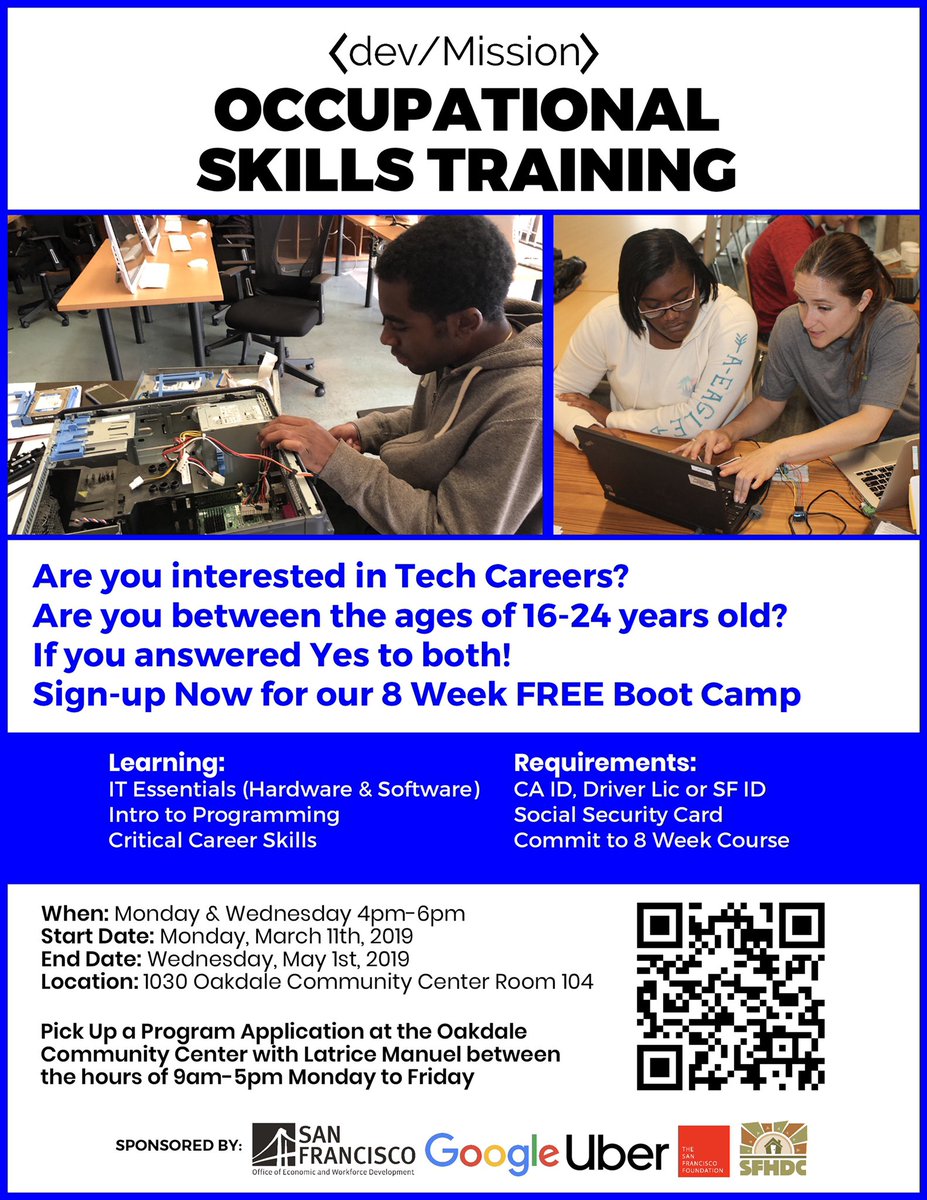 devmissionorg's tweet image. We are very excited to launch our Spring 2019 8 Week Occupational Skills Training inside the 1030 Oakdale Community Center in partnership with @SFHDC starting on Monday, March 11th, 2019 @ 4pm.
#techtraining #introtoprogramming #html #css #javascript #youbelonghere