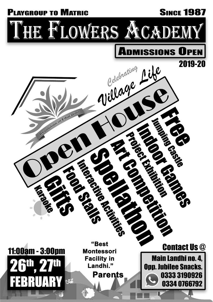 OPEN HOUSE - 'Celebrating Village Life'

Come see for yourself what: 
'Best Montessori Facility in Landhi is all about!'

Contact Us:
0333 3190926
0334 0766792

#OpenHouse #Celebrating #VillageLife #26thFeb #27thFeb #ArtCompetition #ProjectExhibition #Free #Gifts #Landhi #Korangi