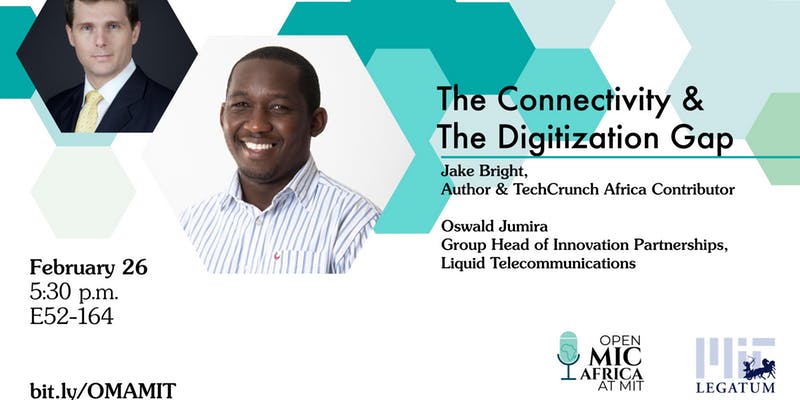 MITKuoSharper's tweet image. EVENT: The Connectivity and the Digitization Gap
-- part of the new OMA@MIT Series --
Tuesday, 2/26 at 5:30.

@jakerbright, author of The Next Africa, will moderate a conversation with @OswaldJumira from Liquid Telecom.

REGISTER&amp;gt;&amp;gt; eventbrite.com/e/open-mic-afr…