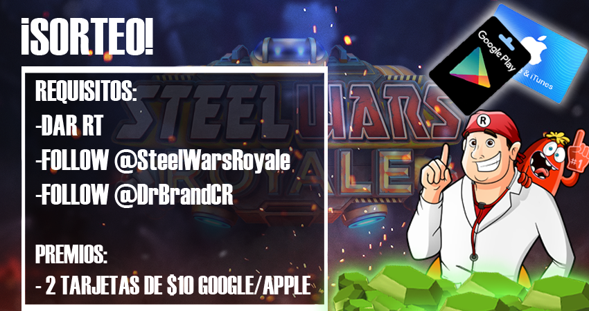 💥🎁 SORTEAZO 2 TARJETAS $10 ANDROID/APPLE 🎁💥

Participa con tan solo:

✅Seguir a <a href="/SteelWarsRoyale/">Steel Wars Royale</a> 
✅Seguir a <a href="/DrBrandCR/">Brand Gamer</a> 
✅Hacer RT

Finaliza el 2 de Marzo👍 
¡SUERTE! 🍀