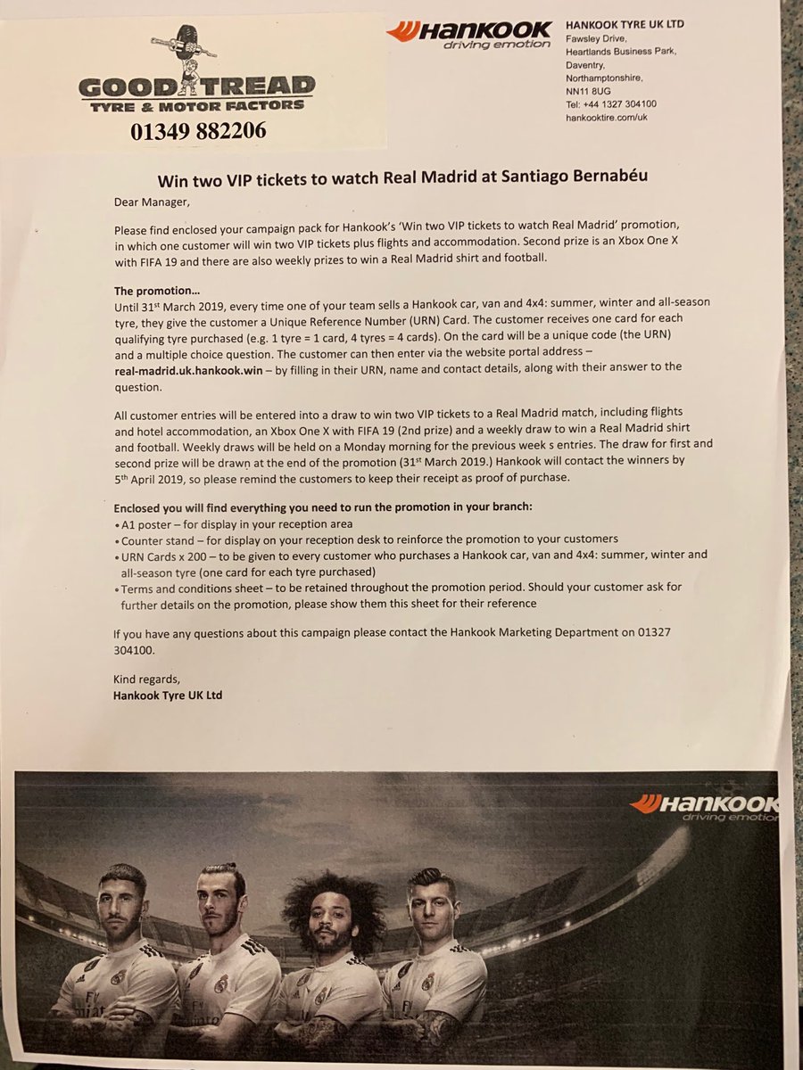 Win win 2 tickets to see Real Madrid at Santiago Bernabeu. Simply buy 1 Hankook Tyre to enter draw.  Promotion ends 31st March.