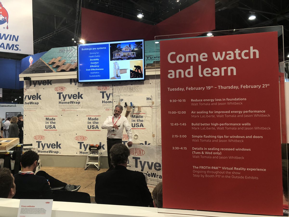 TyvekConstruct's tweet photo. HAPPENING NOW: Mark LaLiberte &amp; @WaltTomalaTNT show us how to air seal our structure for increased #EnergyEfficiency. Come by Booth C5837! #IBS2019 https://t.co/JSG6hoxFJK