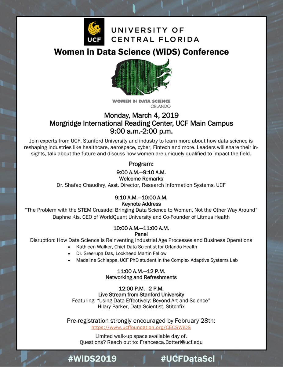 SusanScrupski's tweet image. Less than 2 weeks away! @UCF #WiDS2019 final agenda is out today. Seating is limited. Sign up here: ucffoundation.org/CECSWiDS #UCFDataSci