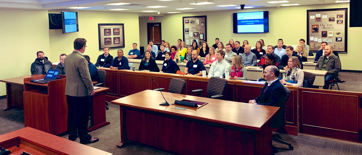 DavidBohmNC's tweet photo. The Britt Courtroom hosted Leadership Raleigh 38 today for local government day. #LR38 led by the unflappable @dtrbankerchef. Great to see this working space filled with community leaders! #LR38 @raleighchamber @CampbellLawNow #AllRise @BrennanBarber https://t.co/n6g5A9AMfS