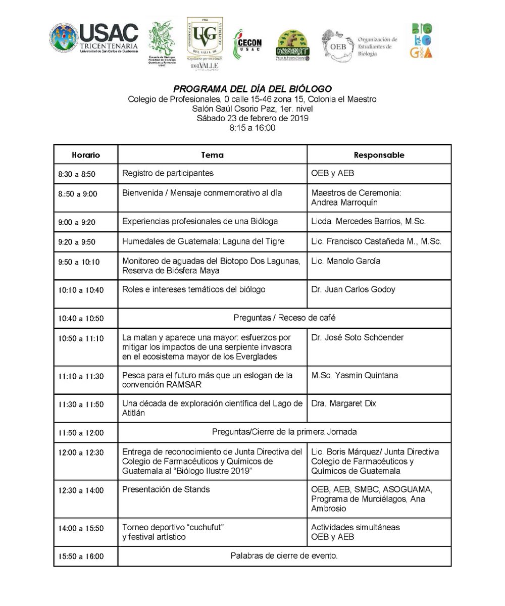 CeconGt's tweet photo. ¡Conmemoremos juntas y juntos el Día del Biólogo con actividades y conferencias!
📅 23 de febrero 2019
🏢 Colegio de Profesionales (0 calle 15-46 z 15, Col. El Maestro, salón Saúl Osorio Paz, 1er. nivel)
⏰ 8:15 a 16:00 https://t.co/IvaeQvA5oc