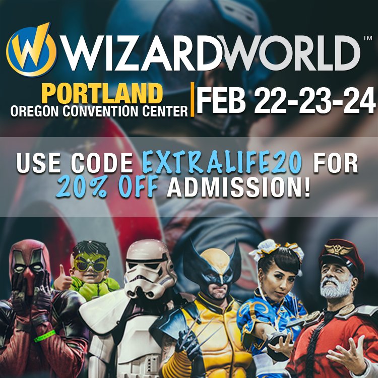 ExtraLifePDX's tweet photo. #ExtraLifePDX does @WizardWorld 2019! We will be in Booth 1655 all weekend! Come learn how playing video games can saves lives at @OHSUDoernbecher See you all there! Don't have tickets? Use coupon code "EXTRALIFE20" for 20% off admission! 

@ExtraLife4Kids #ExtraLife #ForTheKids https://t.co/oQaOngK5GB