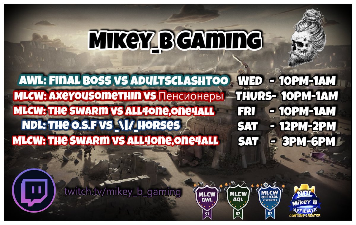 Busy rest of the week!!! Let's go fam! Catch me at these times. Doing some @awl_coc and some <a href="/MinerLeagueCW/">MLCW</a> playoffs for <a href="/TheSwarm_HQ/">The Swarm</a> and @ayscoc with my live hits. Then my clan <a href="/TheOSF1/">The O.S.F</a> for <a href="/No_Dip_League/">No Dip League</a> action. Good luck to all!!! #MBOP