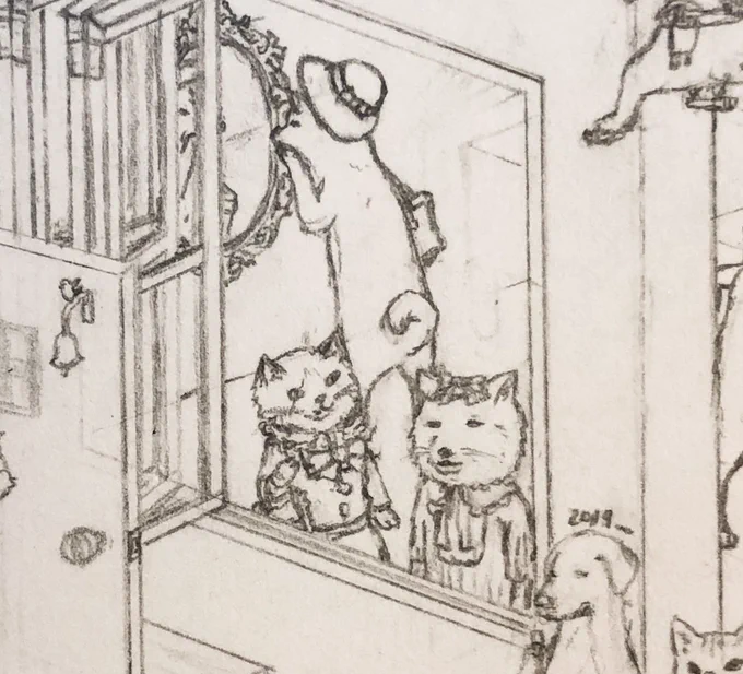 あらまスナギツネさん、ステキな甘めファッションねと褒めるマダム猫と、お肌を気にする柴犬マダムたち??
#制作途中 