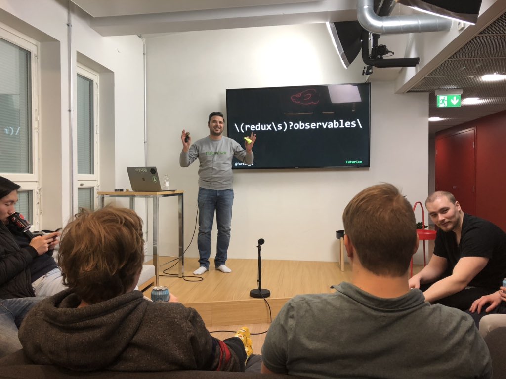 futurice's tweet photo. Tonight at @reacthelsinki @Farzad_YZ developer at @futurice gave a great talk about handling redux side effects using observables. It’s a great next step from redux sagas and cautions to learn rxjs well first. https://t.co/DKQBIAaWVl
