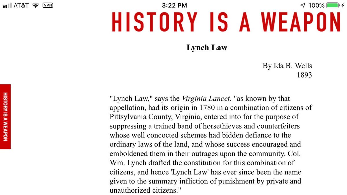 Ida B. WellsAnyone interested in the pioneering activist journalism of Ida B. Wells, who exposed the savagery of White Supremacy in the southern states, to the world, including the shameless horror of lynching—can read one if her publications, here. https://www.historyisaweapon.com/defcon1/wellslynchlaw.html