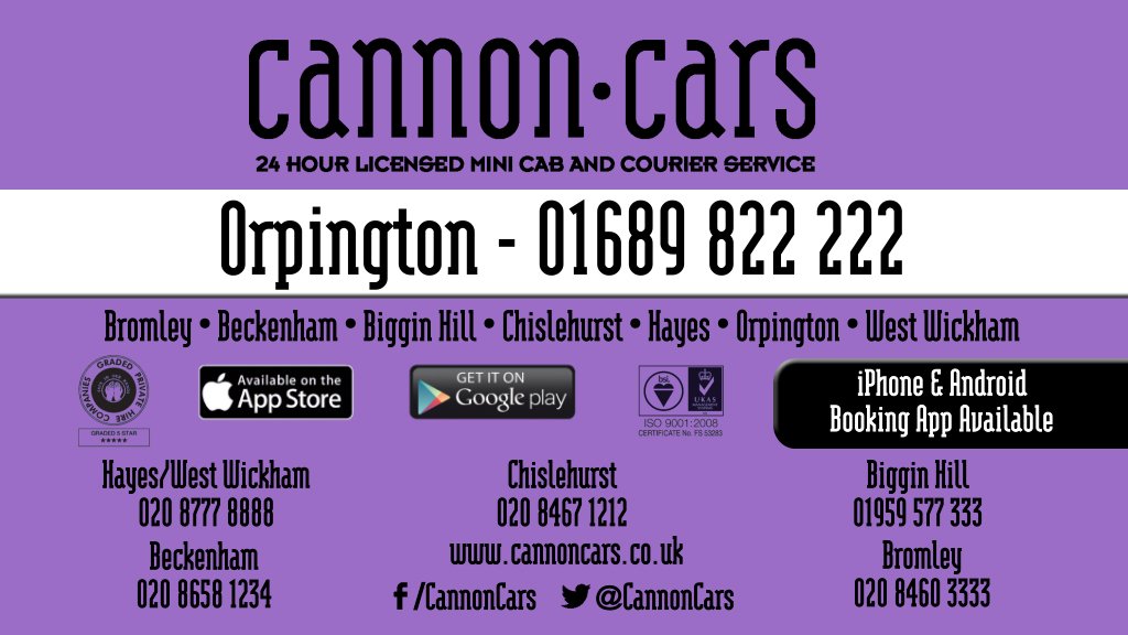 Out in Orpington tonight?
Need a cab?
cannoncars.co.uk/areas-we-cover…
Our number is 01689 822222

#Orpington #BR6 #BR6Life #Orpington1st #Bromley #BromleyFL #BeckBromFL 

<a href="/BR6Life/">BR6life</a> @Orpington1st <a href="/AroundOrpington/">Around Orpington</a>