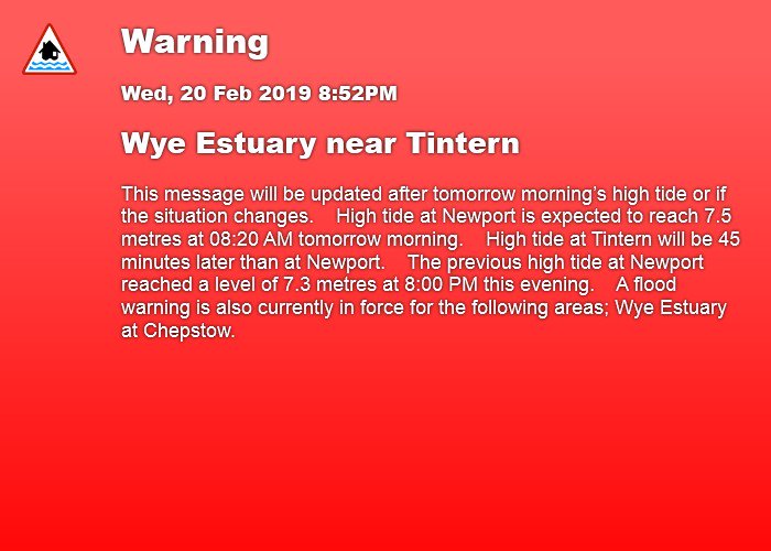 FloodAlerts_GLS's tweet photo. Flood Warning, 8:52PM 20/02/2019, Wye Estuary near Tintern, https://t.co/9VaFqJzXMl #floodaware https://t.co/6w3PR7JNEj
