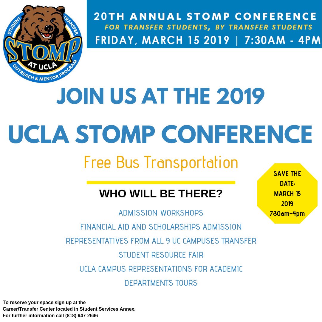 lavccounseling's tweet photo. Join us for the annual UCLA STOMP conference! Free bus transportation to one of the most prestigious schools in the country. Sign up at the Career and Transfer Center now before it's too late!
#thinktransfer #lavccounseling
#transferawareness https://t.co/aqHwem3Ksm