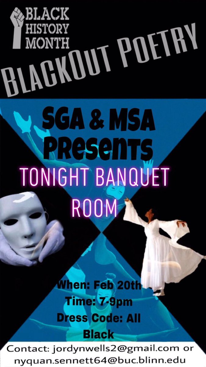 Dont forget about SGA &amp; MSA Black History month event, Tonight evening at 7pm located in the SC Banquet Room! 🤩Attire All Black ✊🏾 🙌🏽 Come watch our performers and enjoy the celebration. #Blinn19 #blinn20