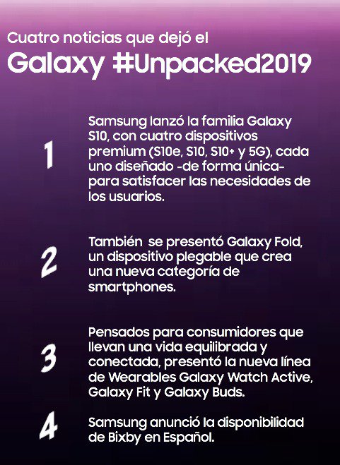 Laneros's tweet photo. Un pequeño resumen del evento de hoy de parte de @SamsungMobileCO 
¿Qué tal los lanzamientos de #Samsung ? #Unpacked2019 #GalaxyS10 #GalaxyFold #GalaxyWatchActive #GalaxyBuds #GalaxyFit https://t.co/uGsGgoRPZR