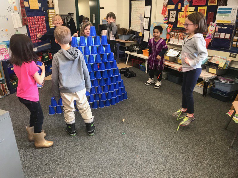 RandiBeckmann's tweet image. First graders @BelleShermanES @IthacaSchools enjoy 100 days of school by building with 100s of cups!