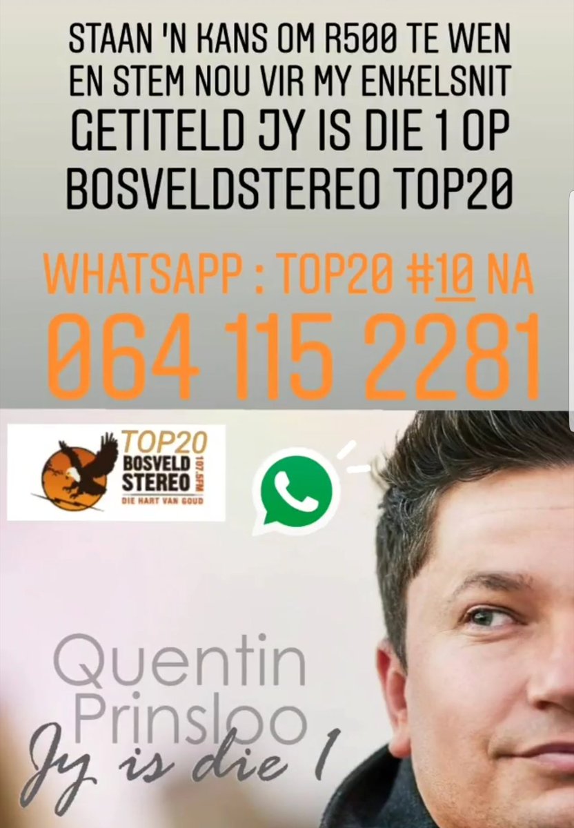 QuentinPrinsloo's tweet photo. @BosveldStereo 
@sa_artists 
#Radio 
#treffer 
#quentinprinsloo 
#jyisdie1 
#jyisdieeen 
#liedjie 
#musiek 
#Afrikaans 
#lekker https://t.co/VE4GrkBnja