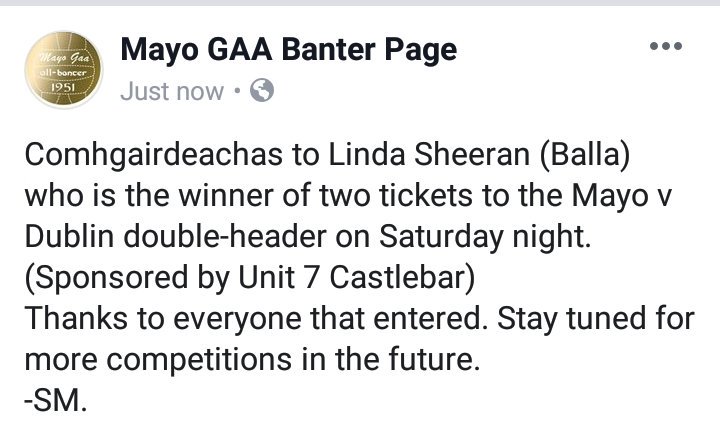 mayogaabanter's tweet photo. Comhgairdeachas to Linda Sheeran the winner of our ticket competition. 
#mayogaa #gaa https://t.co/B6BzdbdVHz