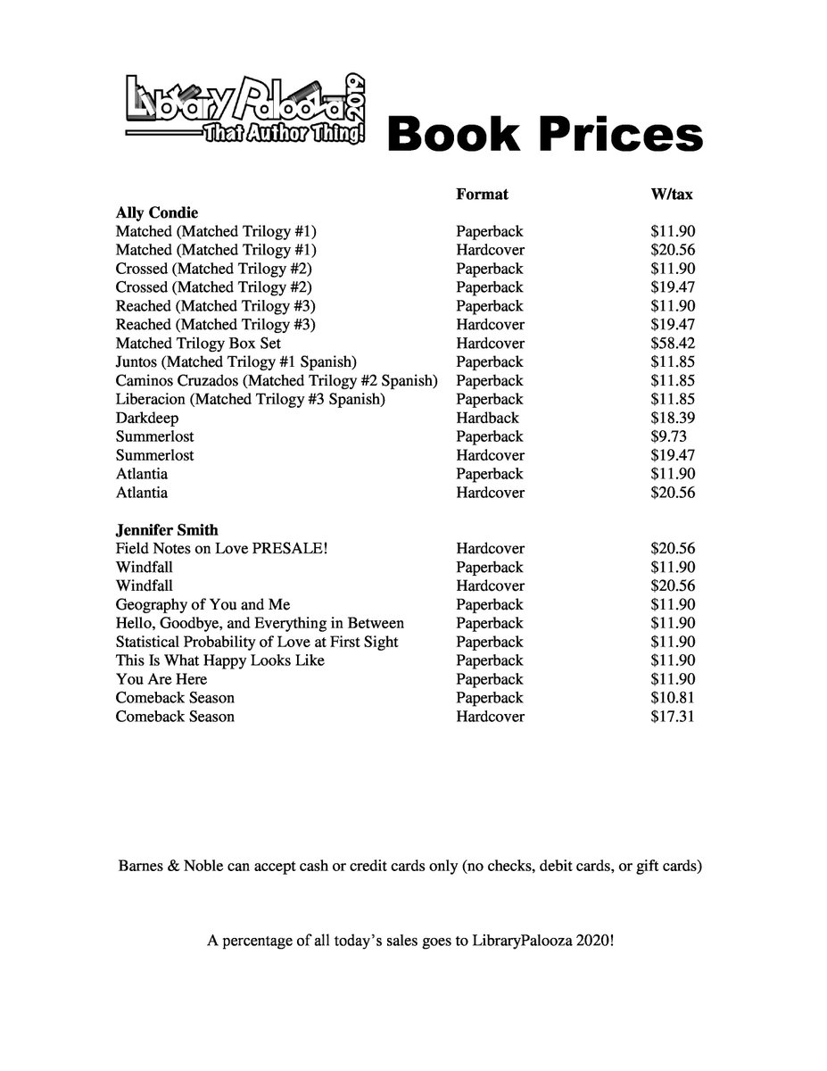 NISD_LibPalooza's tweet photo. Our good friends @BNLaCantera will be on hand Saturday to sell our #LibraryPalooza authors' books. Here's a price list so you can plan your budget.  Cash and credit cards are accepted - sorry, no checks or gift cards. #libplza19 https://t.co/PU3TWQKp27
