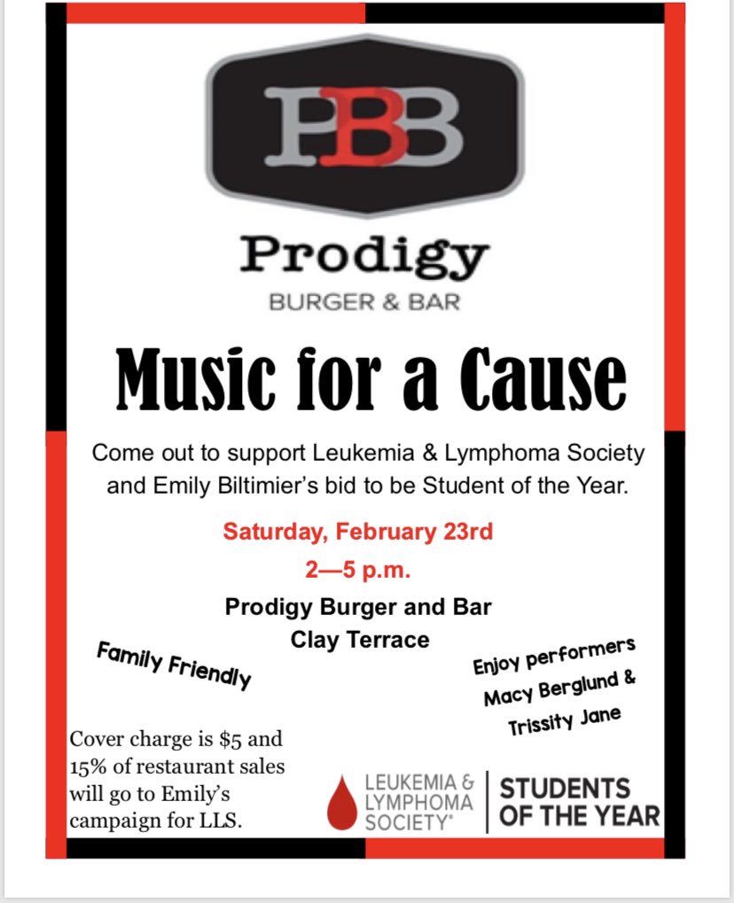 This Saturday come to prodigy burger and bar for some great music and food!! All donations and restaurant sales will go to my Leukemia Lymphoma SOY campaign!!! Hope to see you there!!