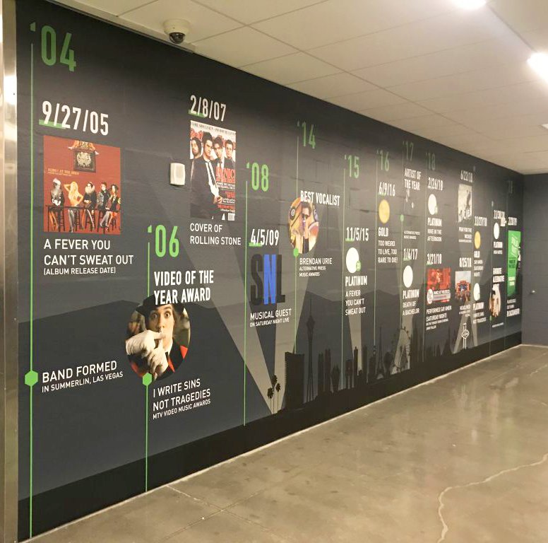 ferraricolor's tweet photo. @Golden1Center hosts @PanicAtTheDisco! The band has seen a lot since their beginning, and this timeline wall mural is a great visual to chronicle all the amazing things they've done and seen! #panicatthedisco #PrayForTheWickedTour #largescalegraphics https://t.co/9ypN3GXviV