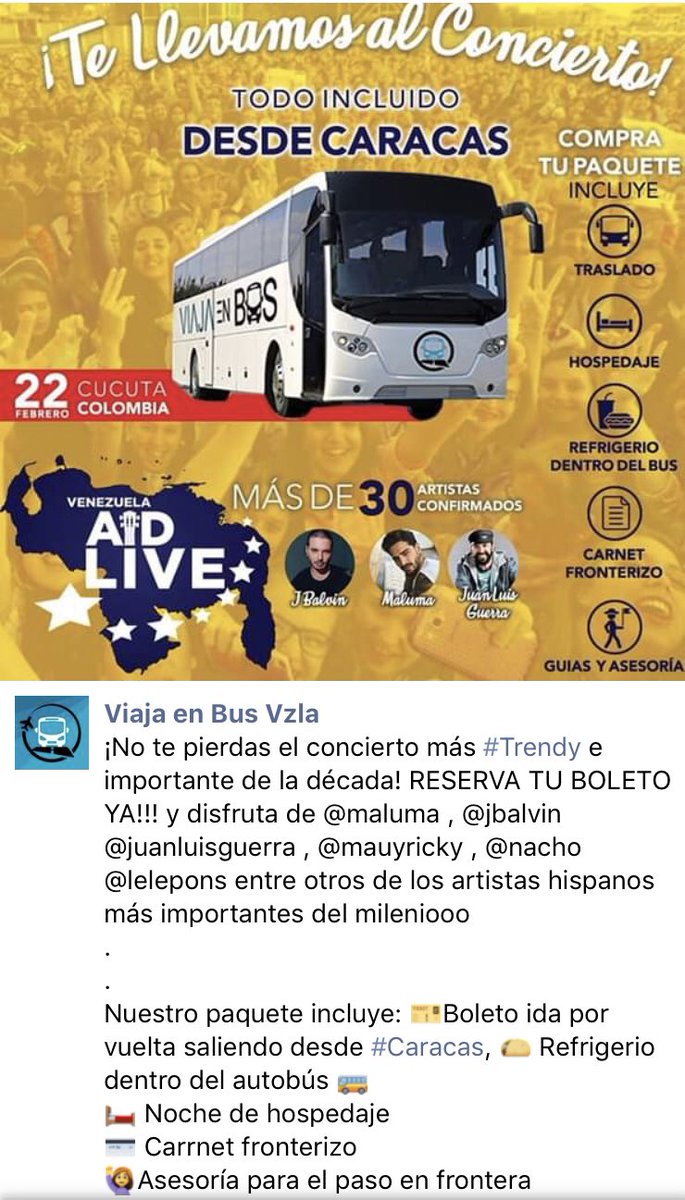 MaxBlumenthal's tweet image. Richard Branson’s Live Aid interventionist propaganda show has brought the reality of Venezuela’s “humanitarian crisis” into the open:

A local bus line is offering affluent Venezuelan opposition supporters luxury vacation packages to “the most trendy concert of the decade”