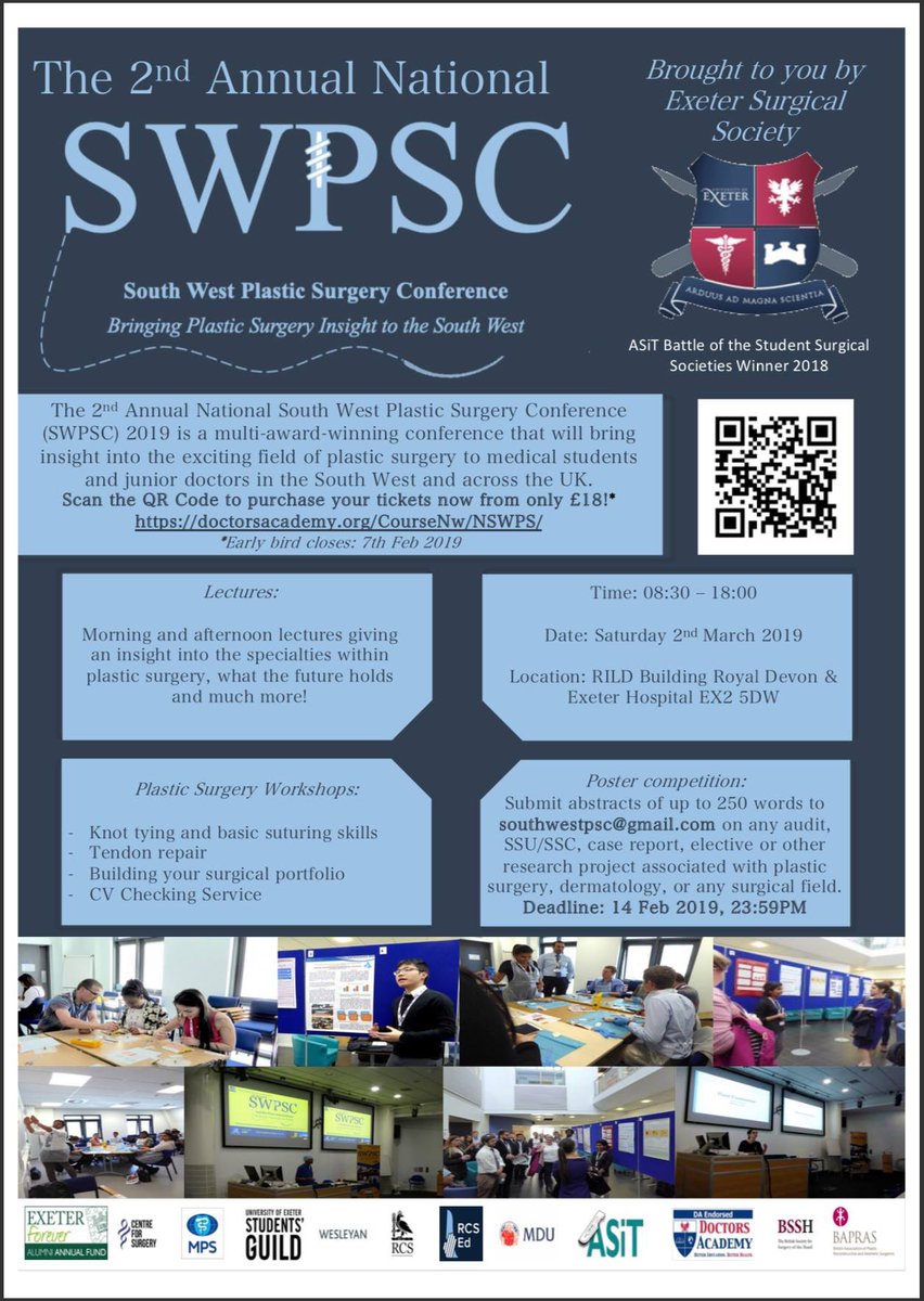 ExeterSurgSoc's tweet photo. ⏰10 days left - A fantastic line up of conference faculty! 

🏆 Multi-Award-Winning Conference Inspiring Med Students &amp; Junior Doctors to a Plastic Surgery Career.

🗓 2nd March 2019, Exeter, UK.

🎟 Tickets: https://t.co/kp9pSSktEn  

#SWPSC2019 @swplasticsconf @exetersurgsoc https://t.co/TtJFJ76OMT